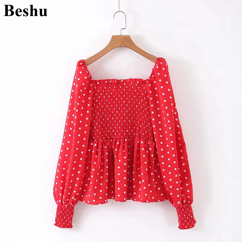 

women dots print red blouse sexy slash neck elastic lantern sleeve shirts sweet top female blusas