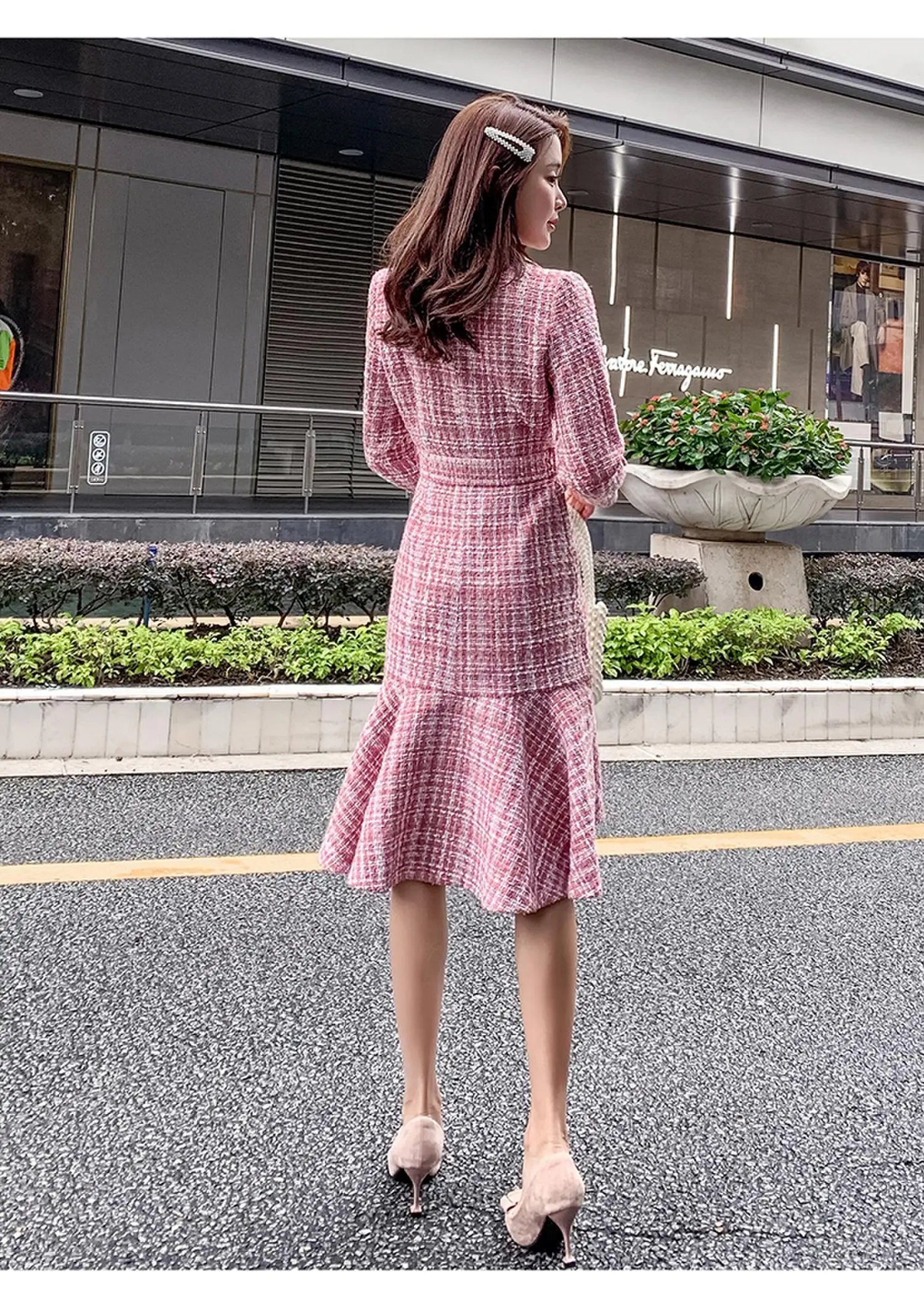 Autumn Winter Pink Plaid Tweed Wool Long Coat Women Notched Double Dreasted Sashes Ruffles Woolen Overcoat Mermaid Outerwear