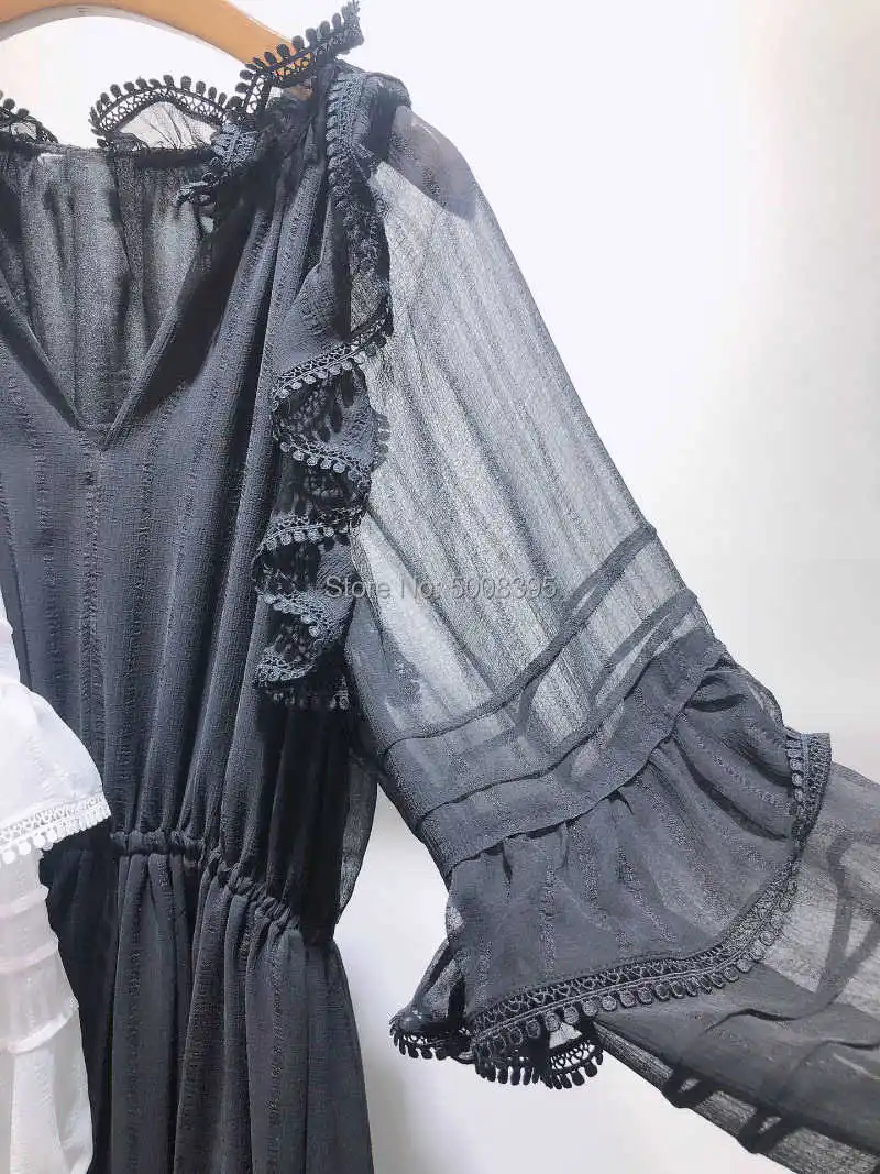 

Elegant Woman Black White Floral Print Maxi Dress V-NECK with Button Long Sleeves Ruffled Detail Elastic Waist