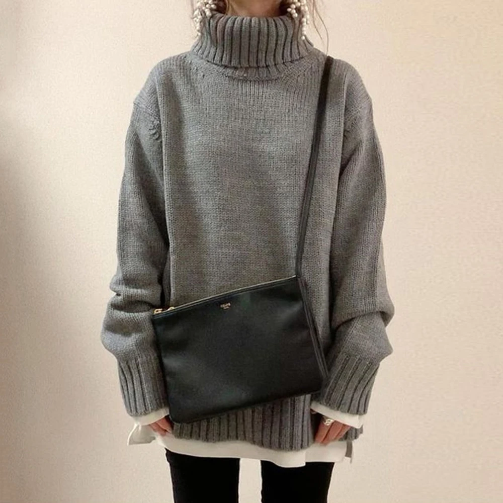 

Женский вязаный свитер с высоким воротником, Свободный пуловер в Корейском стиле, повседневный джемпер, Осень-зима 2021