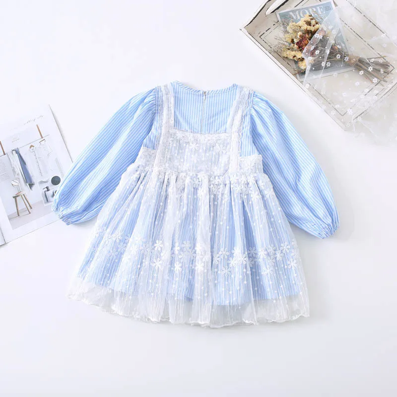 Spring New Arrival Korean style cotton striped matching flowers mesh princess long sleeve dress for cute sweet baby girls | Детская