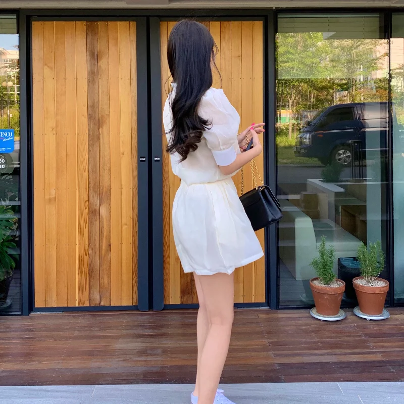 

Korean Chic Summer Elegant Lapel Puff Sleeve Shirt Office Ladies Simple Tops + Loose Casual Shorts Soft Plus Size Two Piece Sets