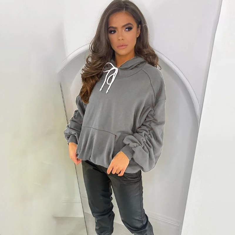 

Women Casual Loose Solid Hoodies Ruched Long Sleeve Winter Warm Sweatshirts Hooded Top with Pocket 2020 New fashion Outfit