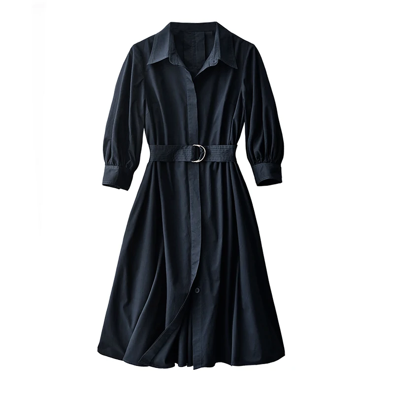

SHUCHAN Dresses COTTON Formal A-LINE Sashes Mid-Calf Garment Sleeves Turn-down Collar Dresses for Women Japan Style