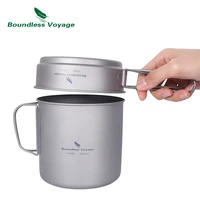 boundless voyage camping titanium cup pan set outdoor picnic hiking pot plate lightweight cookware with folding handles