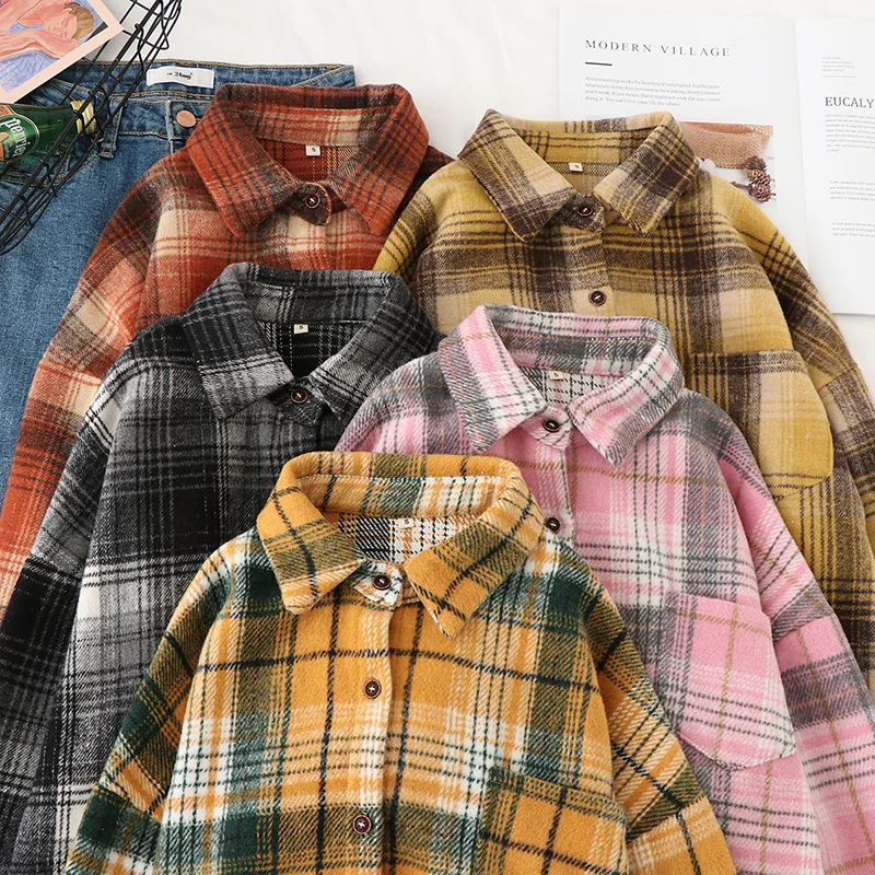 

Hsa Women Spring Clothse Loose Oversized Plaid Big Pocket Retro Shirts Casual Thick Spring Jacket Button Up blusa mujer