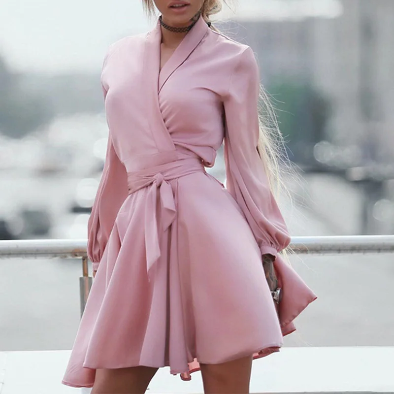 OL сексуальное платье с v образным вырезом и поясом длинным рукавом Повседневное