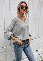 2021 sweaters women fashion hollow out lantern sleeve oversized loose v neck sweater female casual solid color knitted pullovers