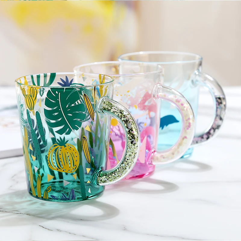 

BFE Creative Glass Water Cup 450ml Coffee Juice Mug With Shiny Handle Household Office Teacup