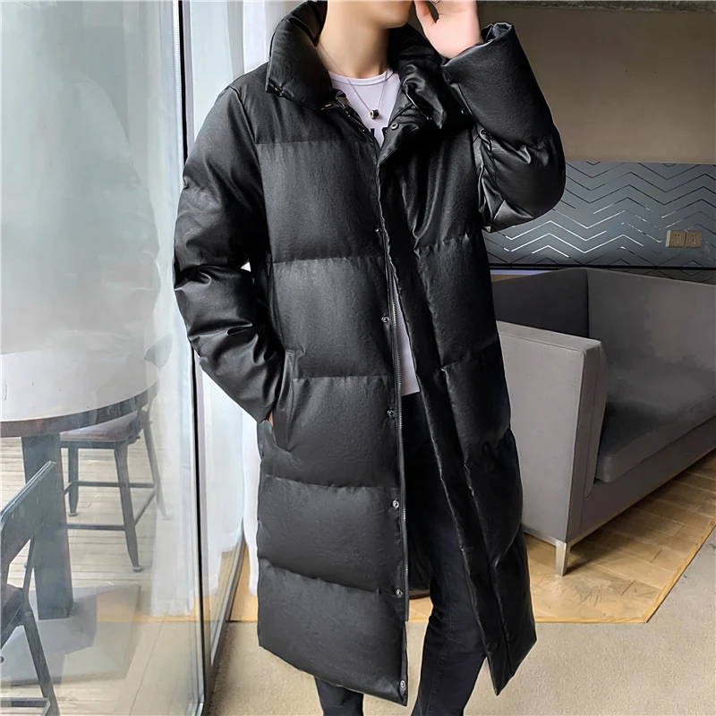 

Зимняя мужская кожаная стеганая куртка, модная трендовая Утепленная стеганая куртка средней длины с воротником-стойкой, мужское пальто