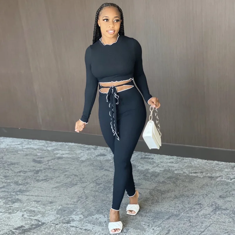 Осенний однотонный трикотажный комбинезон модный спортивный костюм с галстуком