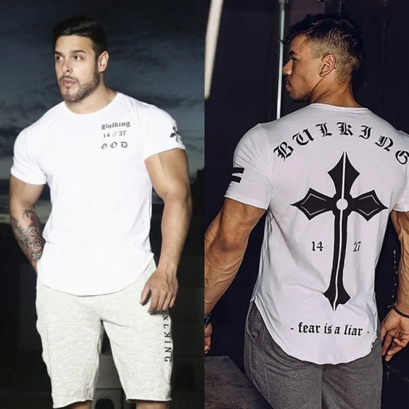Мужская хлопковая футболка для бега тренажерного зала фитнеса бодибилдинга
