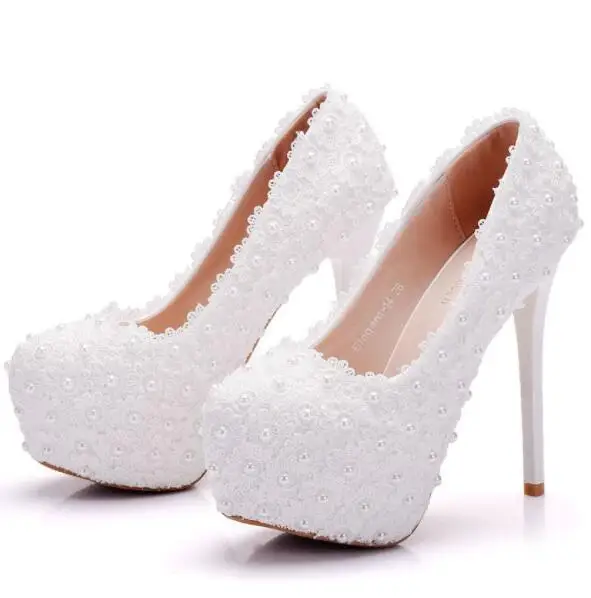 Женские свадебные туфли на высоком каблуке с жемчугом и кружевом цветами большой
