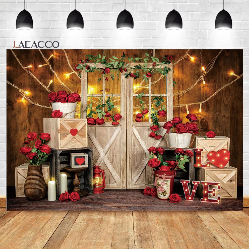 

Laeacco Valentine's Day Rustic Wood Door Rose Love Heart Background Adults Kids Portrait Photography Background For Photo Studio