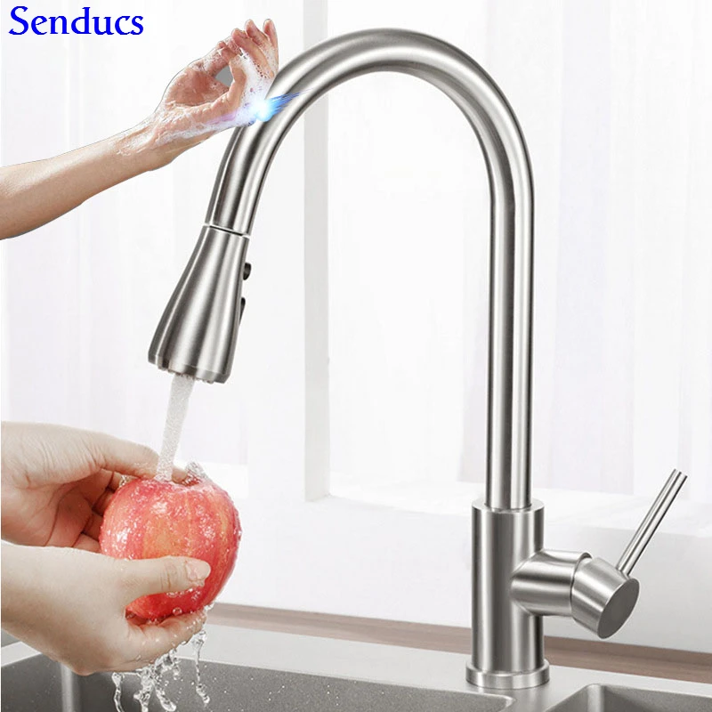 1270-B-brushed-touch Сенсорный кухонный кран Senducs Выдвижная кухонная раковина из нержавеющей стали кран Интеллектуальный матовый датчик кран и смеситель для кухонной раковины - Цвет: 1270-B-brushed-touch