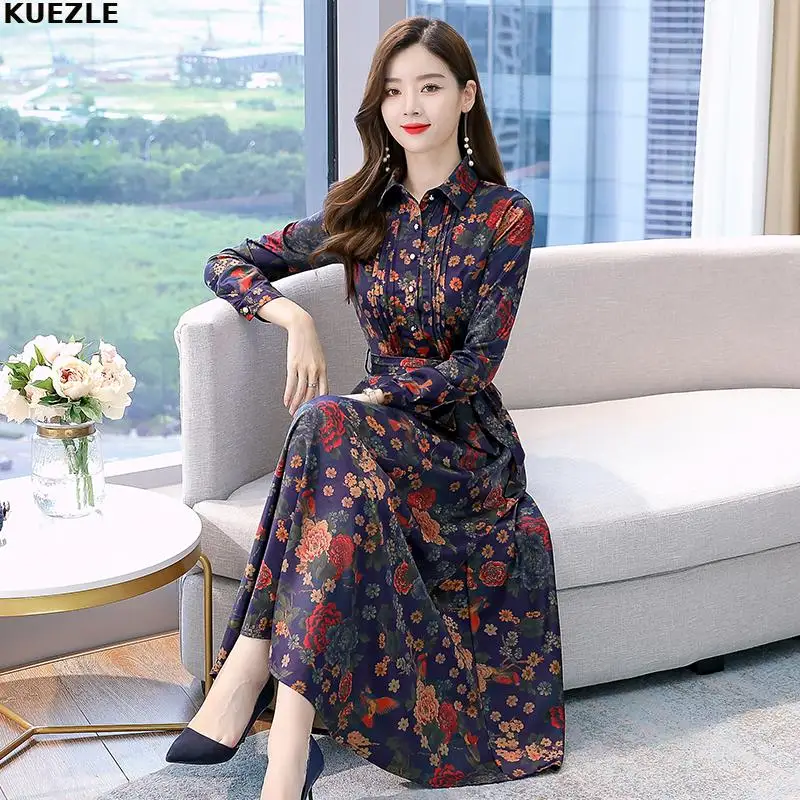 

Женское платье-рубашка средней длины, повседневное облегающее атласное платье с длинным рукавом и цветочным принтом, весна-осень 2022