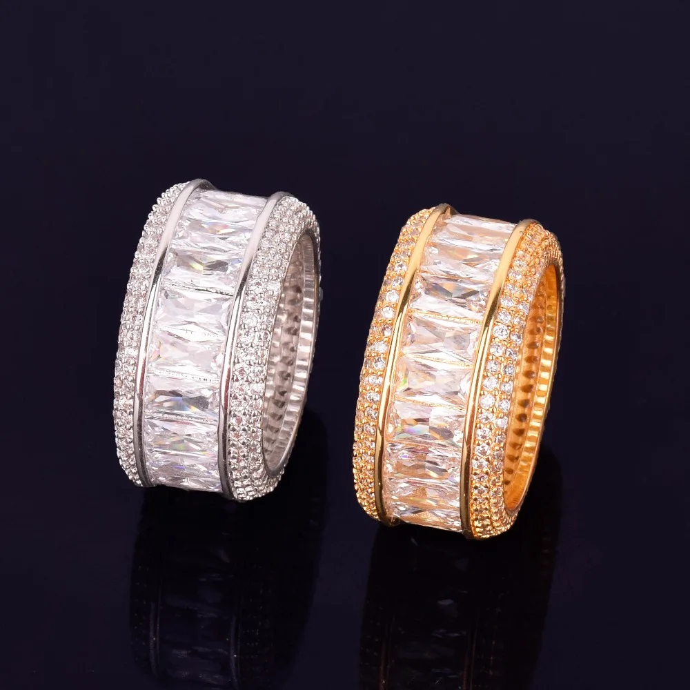 Bling багет Циркон мужское кольцо 18 К медь золотистые и Серебристые Подвески вечерние кольцо Мода хип хоп рок ювелирные изделия