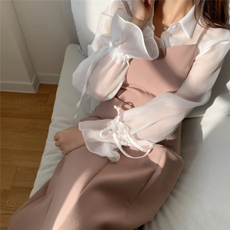 

Autumn Korean Minimalist Long Sleeve White Blouses and High Waist Spaghetti Strap Long Dress Elegant Ladies 2 Piece Set