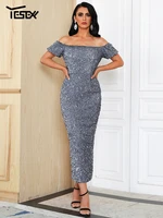yesexy off shoulder short sleeve backless midi dresses wedding party sequins sexy bodycon women elegant evening dress grey