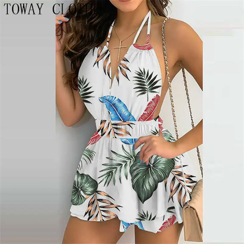 Женское летнее платье с цветочным принтом, оборками и лямкой на шее, мини-платье для отпуска, 2022