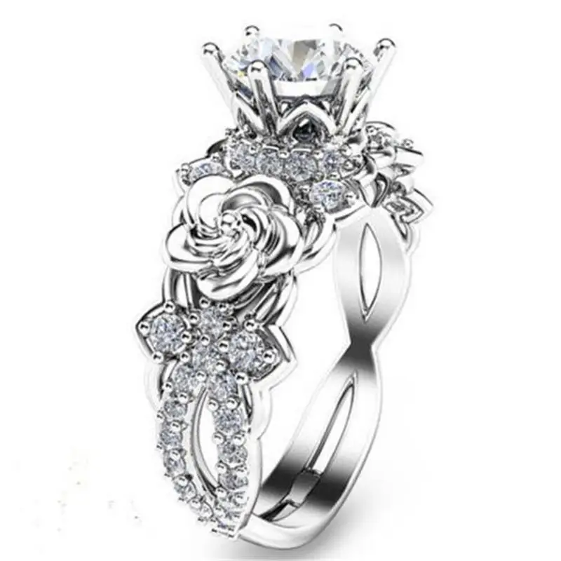 

Luxurious Silver Color Wedding Band Flower Design White Rhinestone Engagement Ring