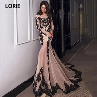 lorie sexy illuison black lace appliques mermaid evening dresses long sleeve custom made arabic formal prom party gown plus size