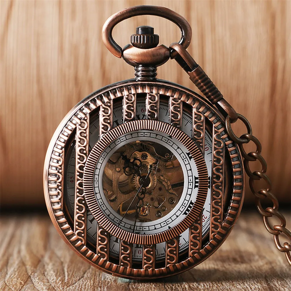 Silver/Black/Rose Gold Stripes Skeleton Manual Mechanical Pocket Watch Hand-Winding Antique Pendant Clock Vintage Gifts Male
