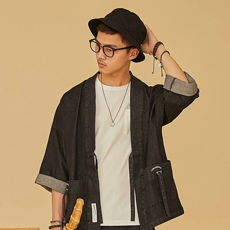 

Kimono Cardigan Men 2019 Japanese Fashion Denim Haori Samurai Kimono Karate Obi Male Yukata Japanese Streetwear Kimonos FF2421