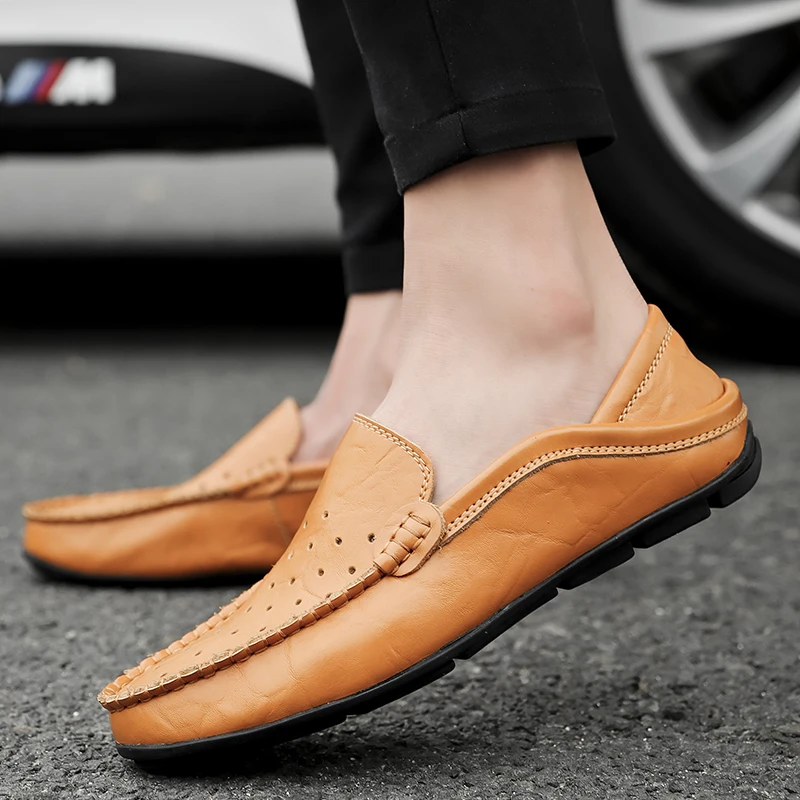 

Vosonca Mens Shoes Casual Summer Men Loafers Genuine Leather Comfy Breathable Slip On Boat Shoes