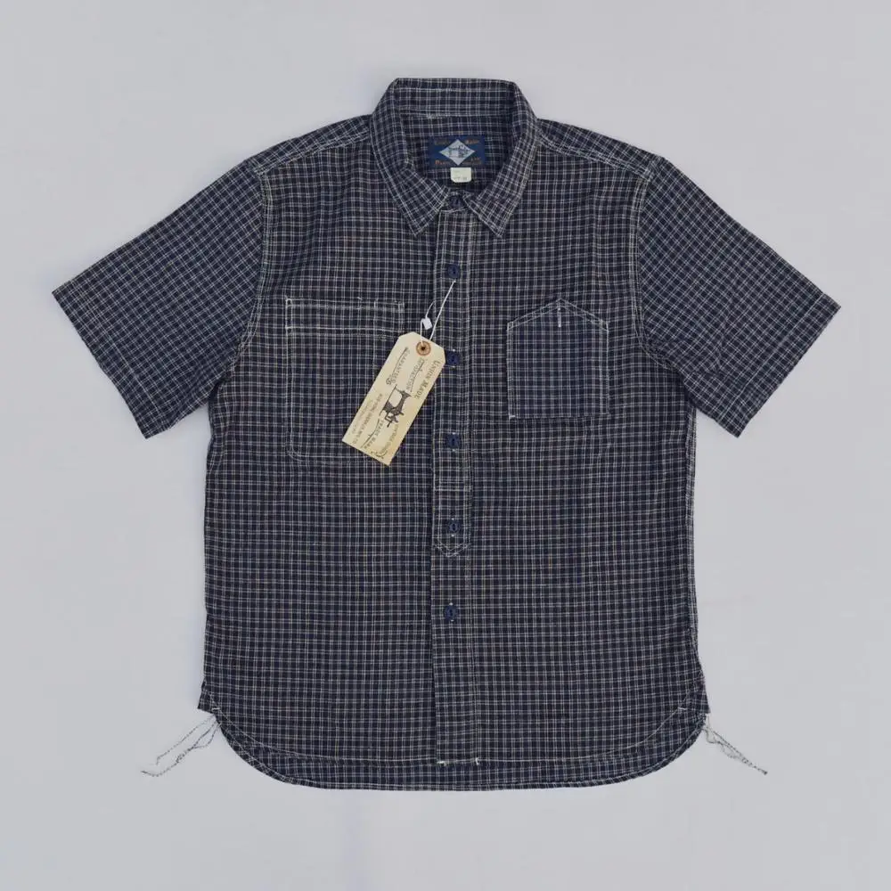 

Plaid BOB DONG Short Sleeve Work Shirts Retro Button Down Cotton Flax Workwear