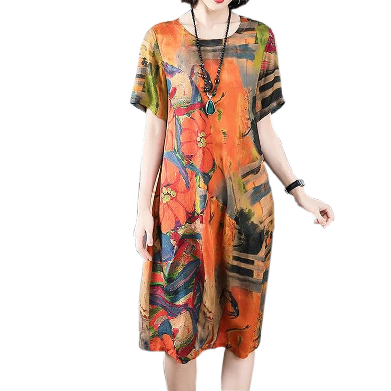 

Women Summer Style Yellow A-Line Dresses Lady Casual Short Sleeve O-Neck Loose Knee-Length Dress Vestidos SS425