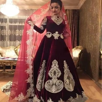 luxury burgundy muslim evening dress with applique long sleeve velvet turkey evening gown lace formal prom dress robe de soiree