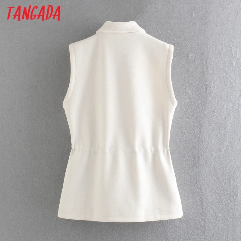 

Tangada Women 2021 Fashion Woolen Vest Sleeveless Waist Adjust Pocket Female Waistcoat Chic Tops QJ121
