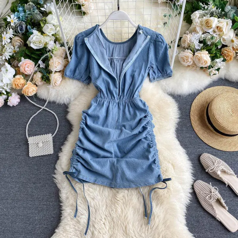 Винтажное джинсовое платье для женщин 2020 летнее модное короткое с рукавами