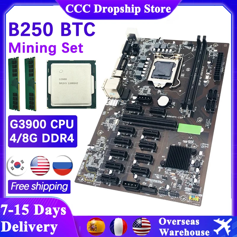 

B250 Mining Motherboard 1151 12 GPU Graphics Slot G3900 CPU Frame Rig PCI-E Minier Board 8G DDR4 Memory Module Motherboard Combo