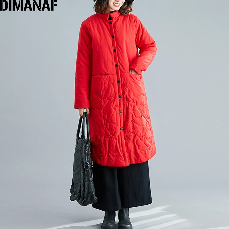 188XXJ6040-red DIMANAF осень зима плюс размер женские парки длинное пальто хлопок подкладка утолщаются Женские винтажные вышитые свободные верхняя одежда пуговица - Цвет: 188XXJ6040-red
