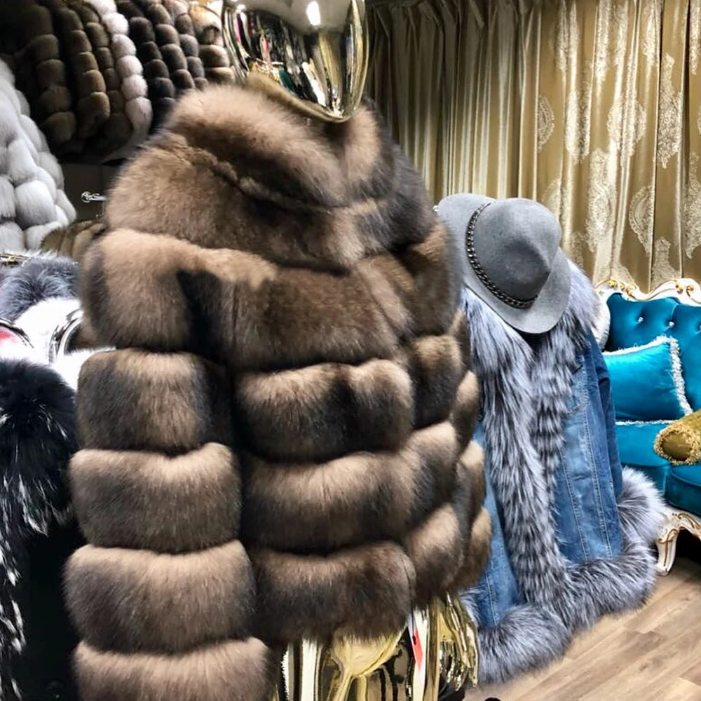 Женское новое пальто из натурального Лисьего меха Женское зимнее плотное пальто из настоящего меха лисица Меховая куртка Верхняя одежда женские со стоячим воротником жакет из меха