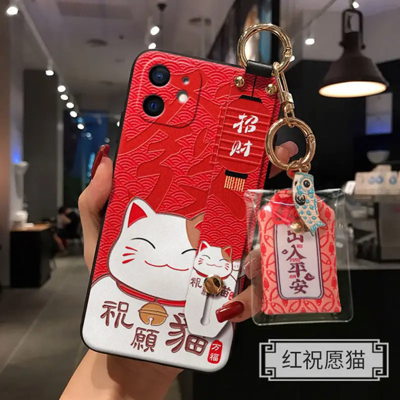 Фото Роскошный защитный чехол с тиснением Lucky Cat для iPhone 11, 12, 13, Pro Max Mini XR XS, браслет, кронштейн, подвесное украшение, задняя крышка №3