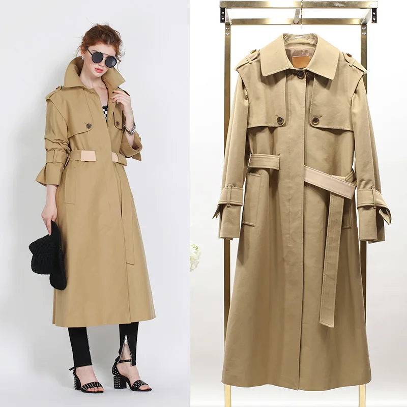 

New Europe Peterpan small Lapel Clubman long belted waist knee all-match slim windbreaker girl