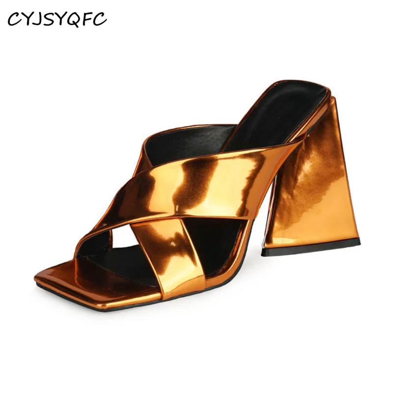 CYJSYQFC Sexy Women Slippers Shiny Leather Thick Soled Sandals Summer Peep Toe High Heels Mules Outdoor Slides Large Size 35-45