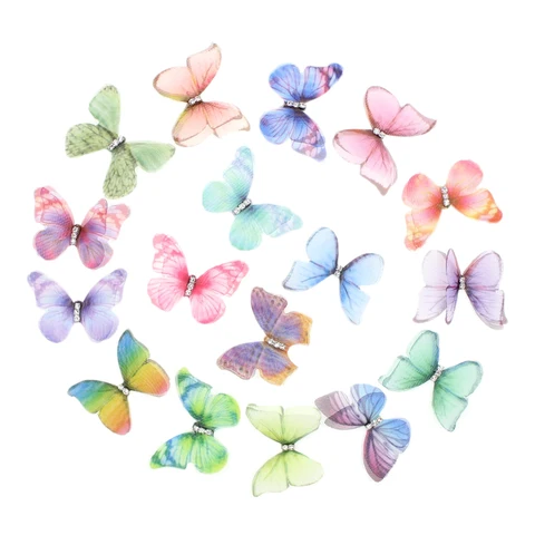 Акция! 50 шт. градиентные цвета органза ткань бабочки Аппликации 38 мм полупрозрачные шифоновые бабочки для украшения вечерние, кукольная эмаль
