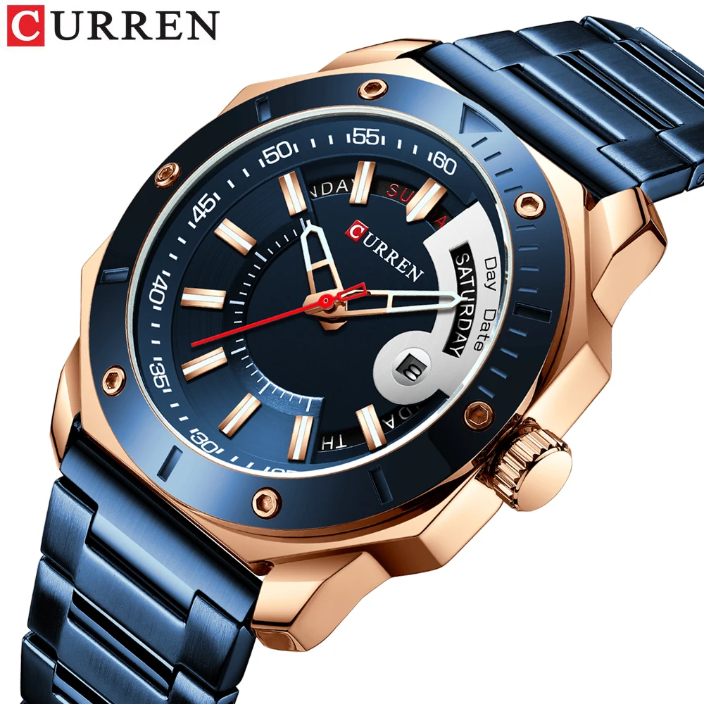 

CURREN Men's Fashion Business Calendar Watches Luxury Blue Gold Stainless Steel Waterproof Luminous Hand Date Male Quartz Watch