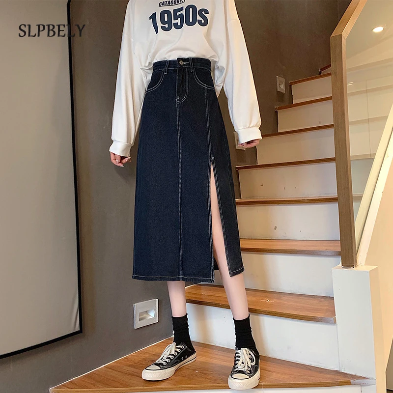 

Женская длинная джинсовая юбка с высокой талией SLPBELY, летняя черная Повседневная джинсовая юбка с разрезом для женщин, Длинная женская улич...