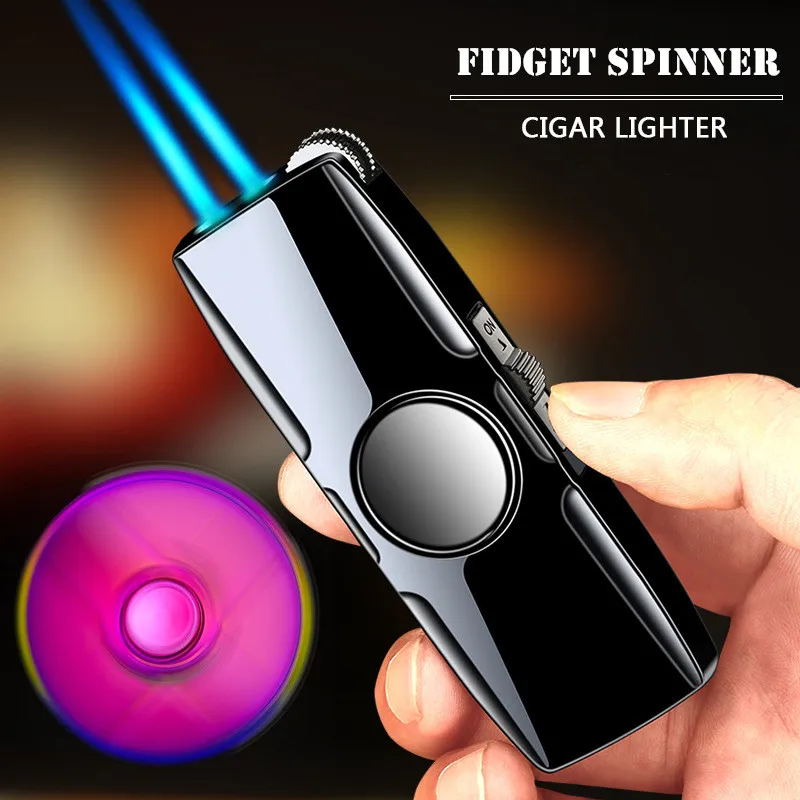 

Metal Fidget Spinner Cool Lighter Windproof Blue Flame Nozzles Turbo Torch Jet Lighter Gas Butane Cigar Cigarette Spray Gun 2021