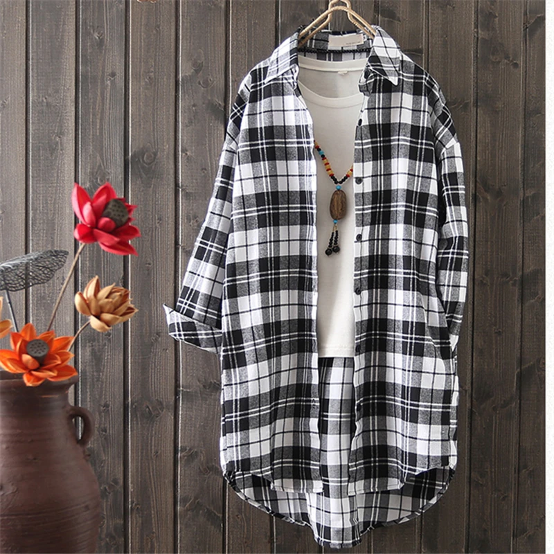 

Large Size Brushed Shirt Women 2020 Spring Autumn Mid-Length Casual Retro Thick Single-Breasted Long-Sleeved Plaid Shirt