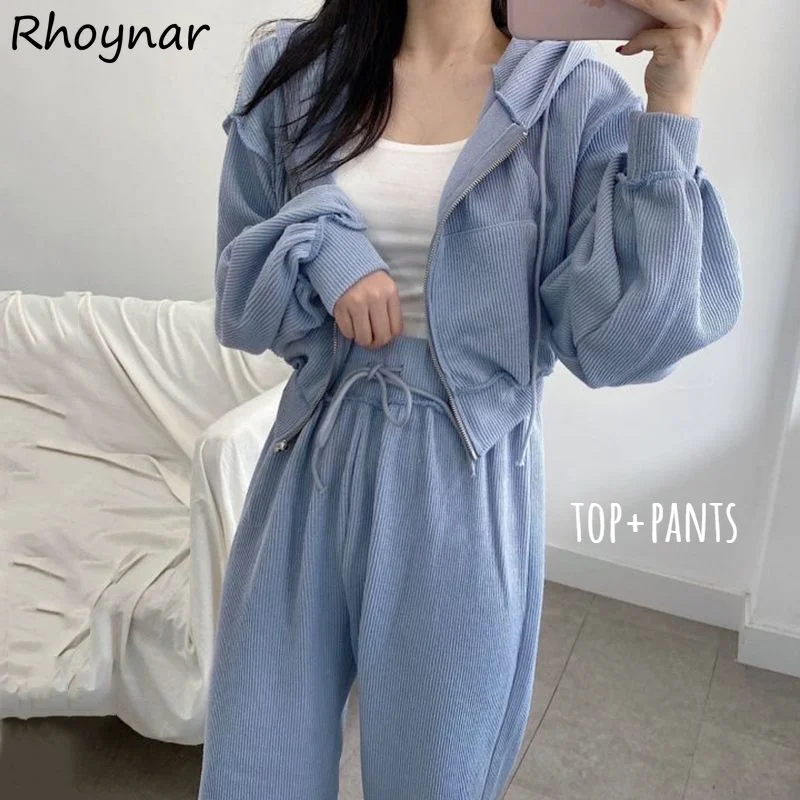 

Women Sets Hooded Full Sleeve Outerwear Fashion Casual Cozy Preppy Wide Leg Trousers Street Wear All Match Young Popular Chic