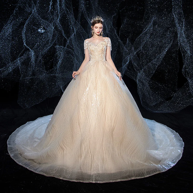 Wedding Dress Luxury Sequins Champagne Court Train Ball Gown Princess Cut-out Dresses Vestido De Noiva Custom Size | Свадьбы и