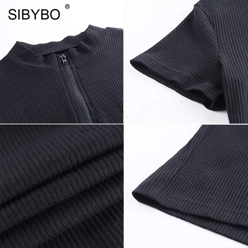 Женское хлопковое мини платье SIBYBO черное облегающее на молнии спереди с