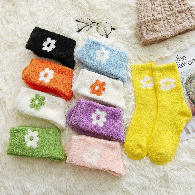 Женские носки из кораллового флиса с большими цветами осенне-зимние толстые