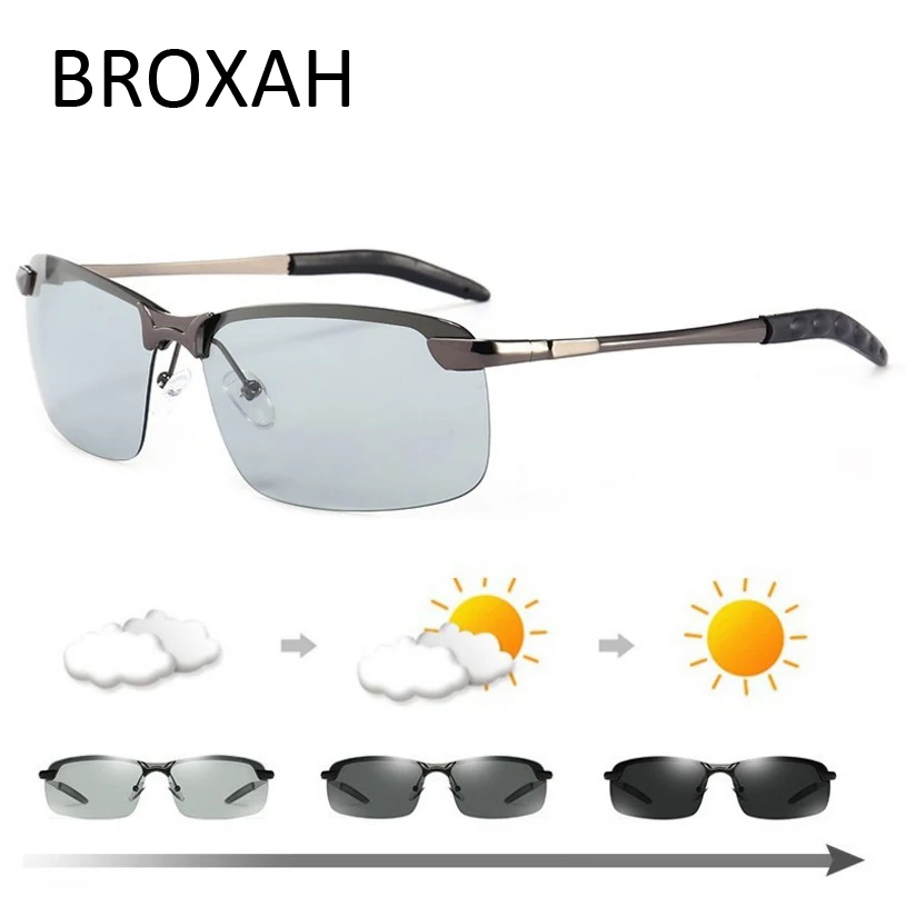 

New Brand Photochromic Sunglasses Men Polarized Chameleon Discoloration Driving Glasses Retro rimless square MetaL sunglasses